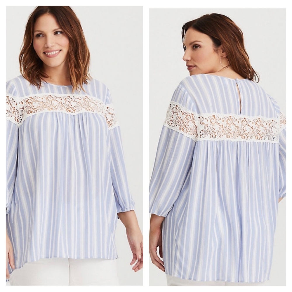 TORRID Blue White Stripe Lace Blouse Sz 2